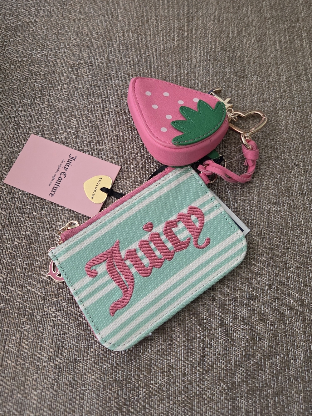 Juicy Couture Mint & Pink Striped Card Holder with Pink Strawberry Coin Purse